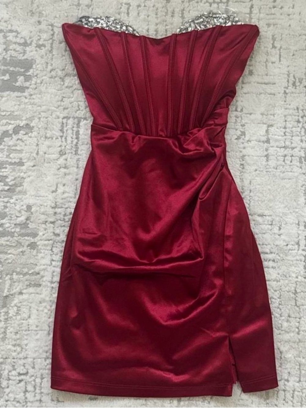 Windsor Red Satin Strapless Cocktail Dress with Silver Beaded Trim